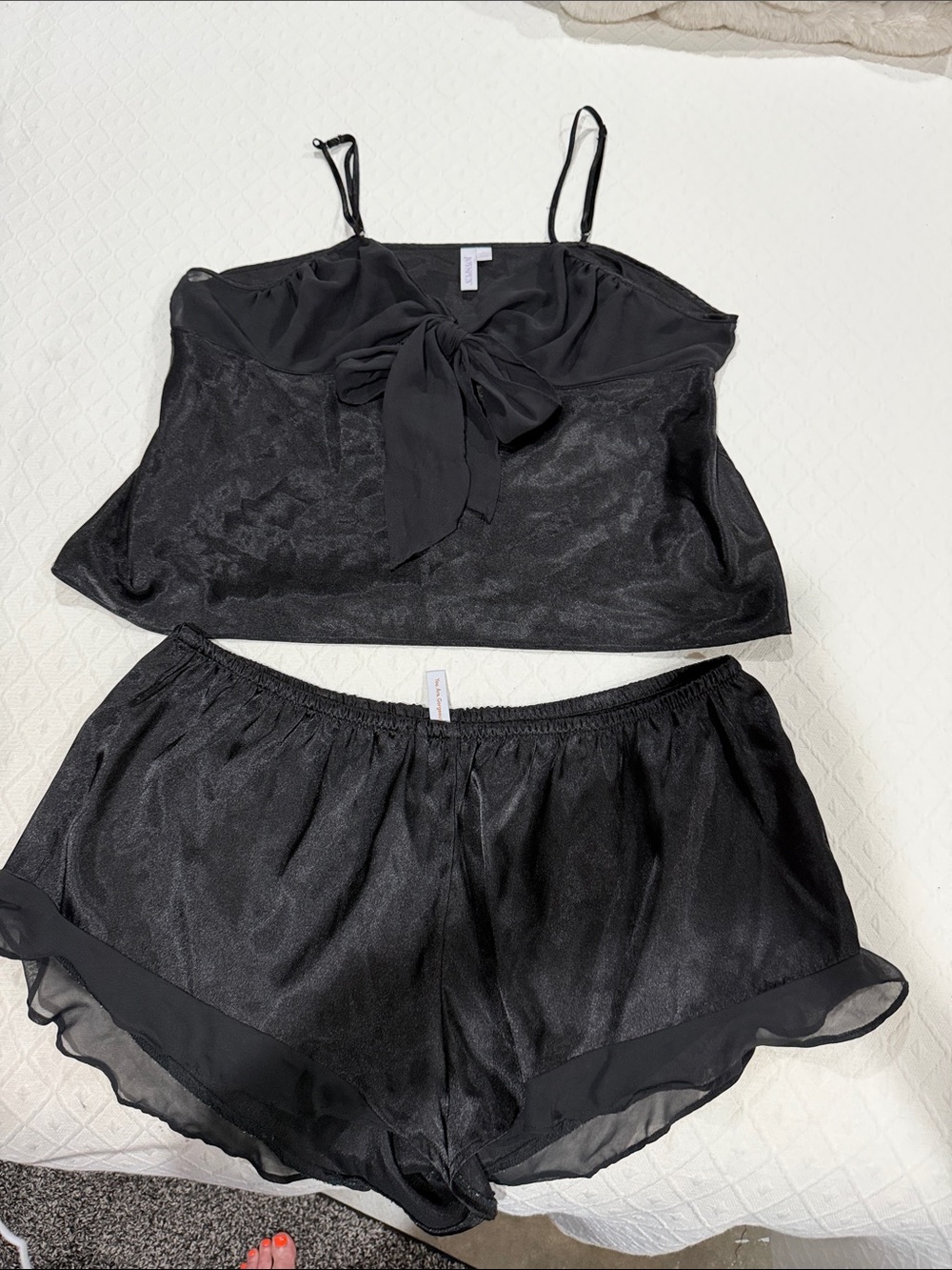 Black Women's Satin Camisole and Ruffled Short Sleep Set 2X